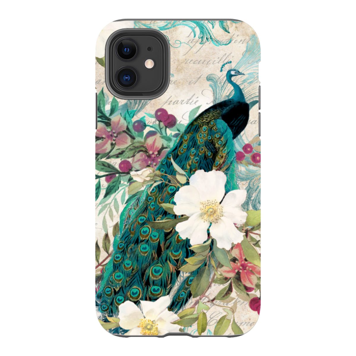 Dual-layer iPhone tough case featuring a vibrant peacock and floral artwork on a vintage-style background.