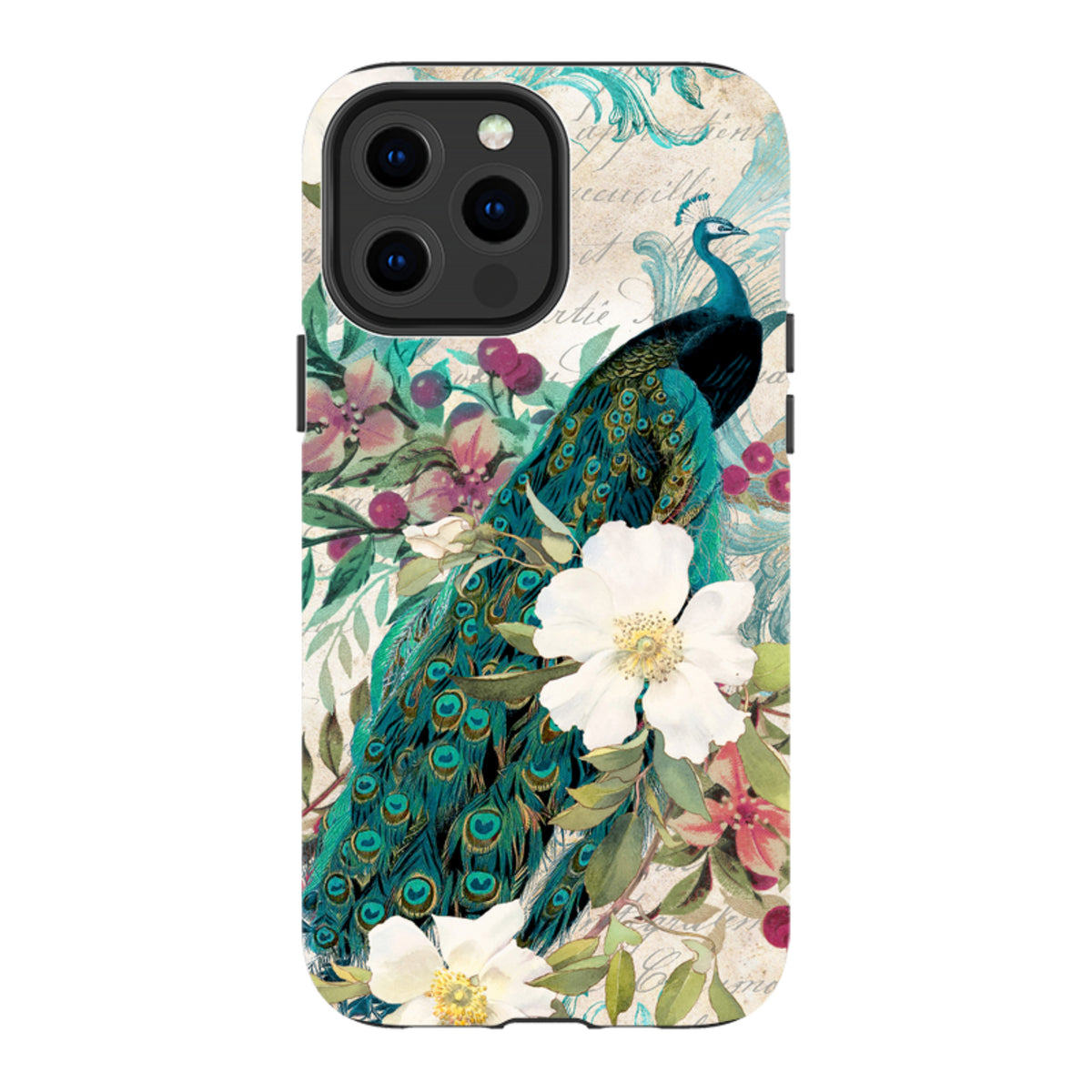 Dual-layer iPhone case featuring a vibrant peacock and white floral design on a vintage-style background.
