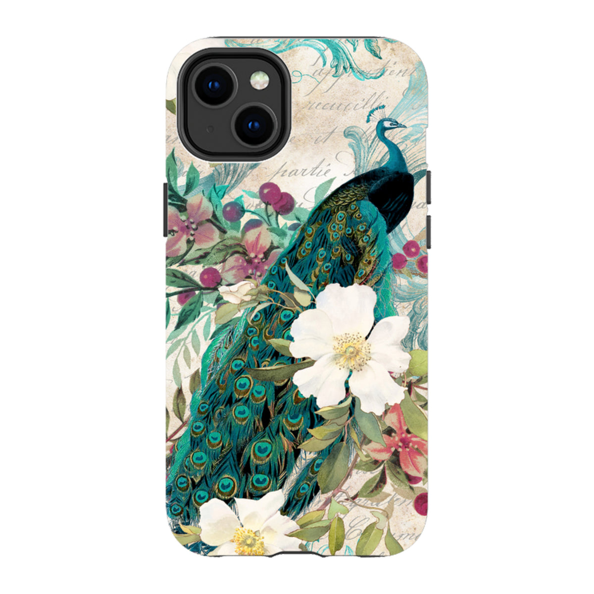 iPhone tough case featuring a vibrant peacock and white flowers on a vintage-style background with dual-layer protection.