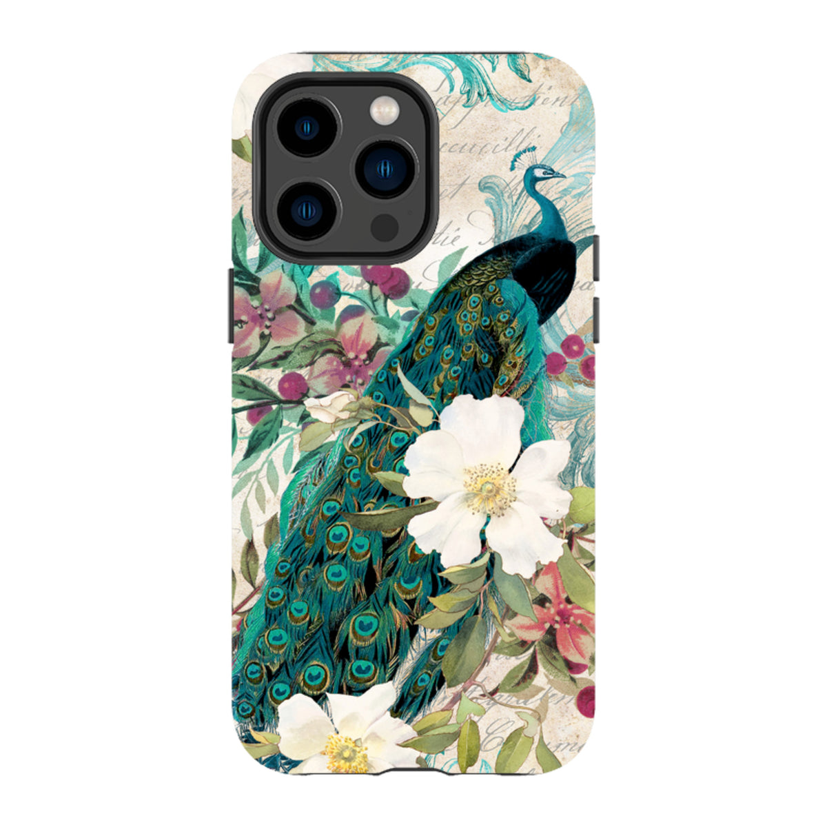 Dual-layer iPhone tough case featuring a vibrant peacock and floral illustration on a vintage-style cream background.