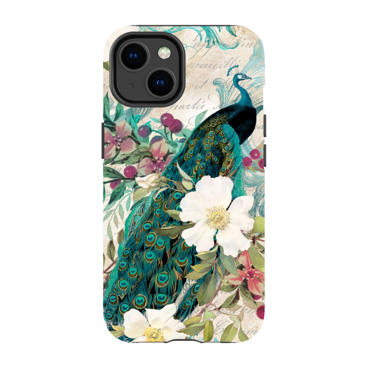 Dual-layer iPhone case featuring a vibrant peacock and floral art print with a vintage script background.
