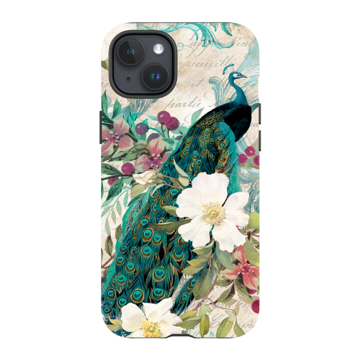 Dual-layer iPhone tough case featuring a peacock and white flowers on a vintage script background.