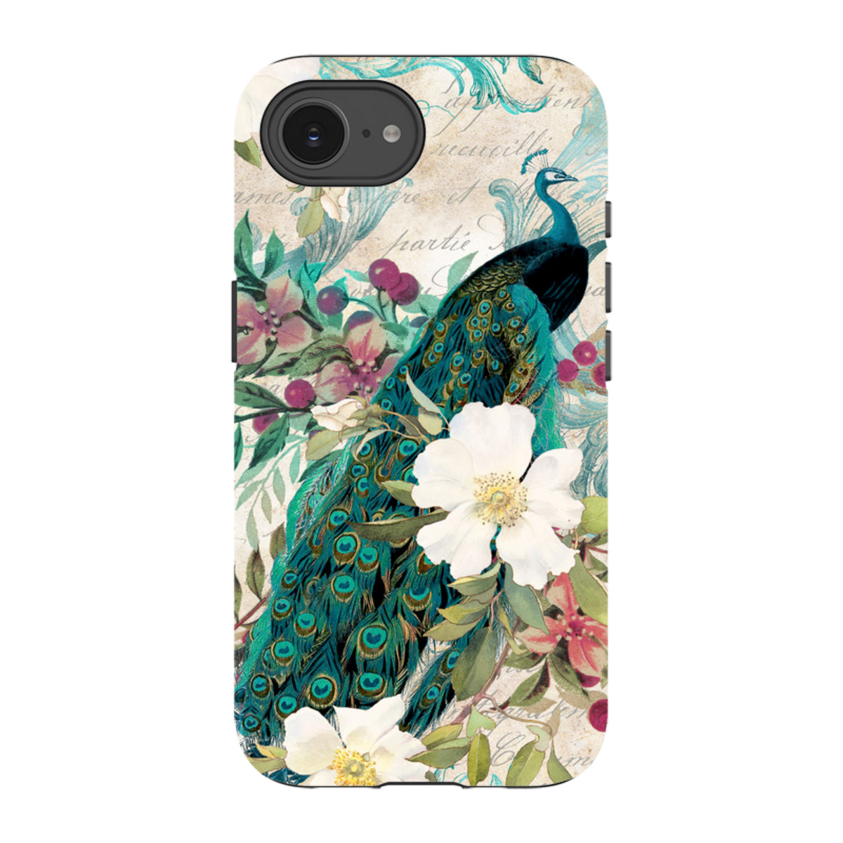 Dual-layer iPhone tough case featuring a vibrant peacock, white flowers, and vintage script on a beige background.
