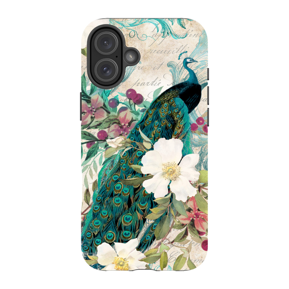 Dual-layer iPhone tough case featuring a vibrant peacock and floral artwork on a vintage-style parchment background.