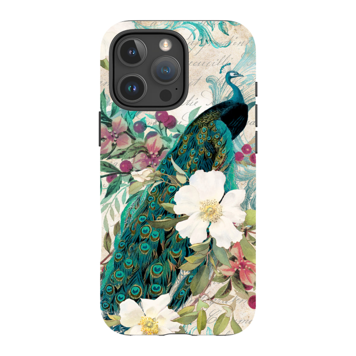 Dual-layer iPhone case featuring a vibrant peacock and white floral design on a vintage-style background.
