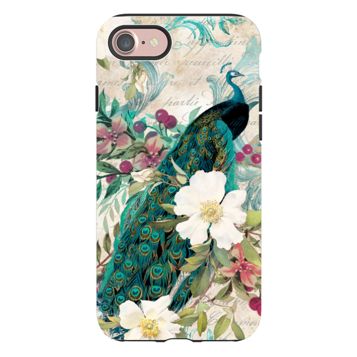 Dual-layer iPhone tough case featuring a vibrant peacock and floral artwork with a protective black shock-absorbing liner.