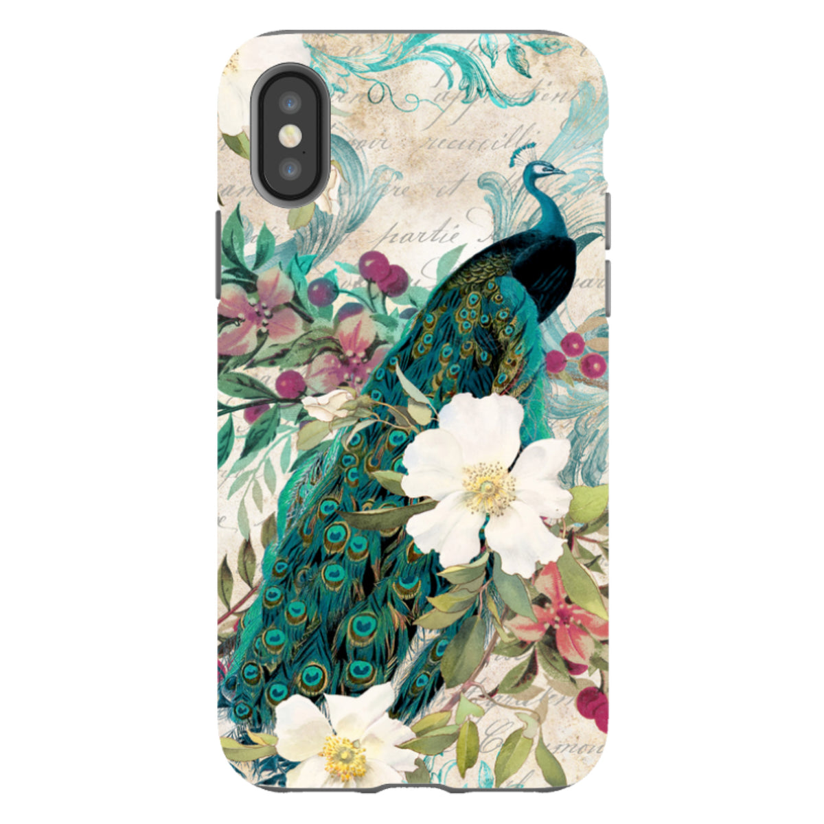 Dual-layer iPhone tough case featuring a vibrant peacock, white flowers, and vintage script on a cream background.