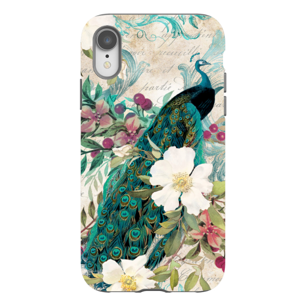 iPhone tough case featuring a vibrant peacock and white flowers on a vintage-style background with dual-layer protection.
