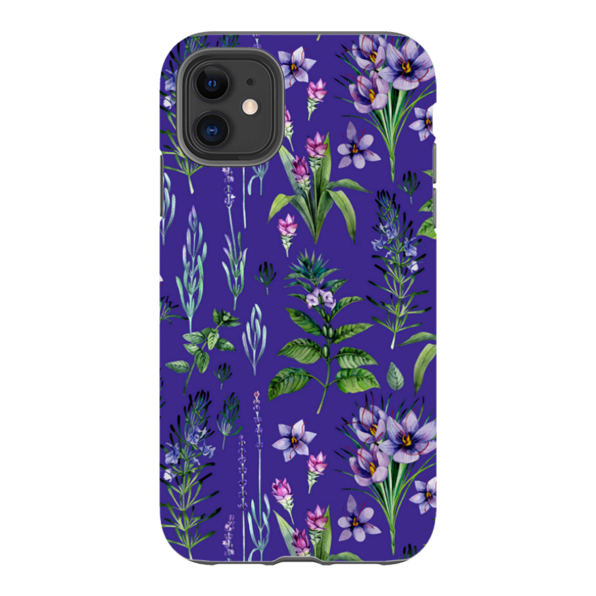 iPhone Tough Case in Barnington print featuring a vibrant purple background with detailed watercolor floral patterns.