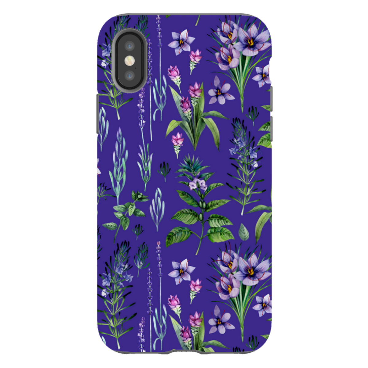 iPhone Tough Case in Barnington print featuring purple floral and botanical illustrations on a deep violet background.