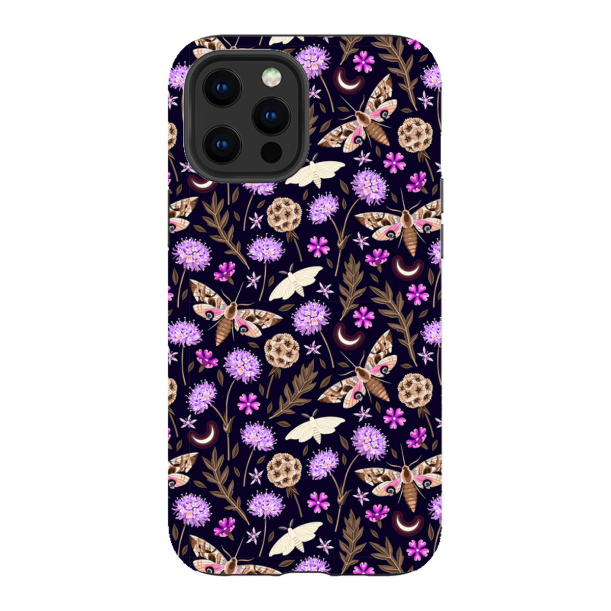 iPhone Tough Case featuring a dark floral pattern with moths, purple flowers, and crescent moons on a protective shell.