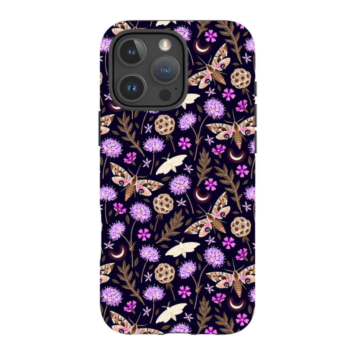 iPhone Tough Case featuring a dark purple floral pattern with moths, crescent moons, and botanical illustrations.