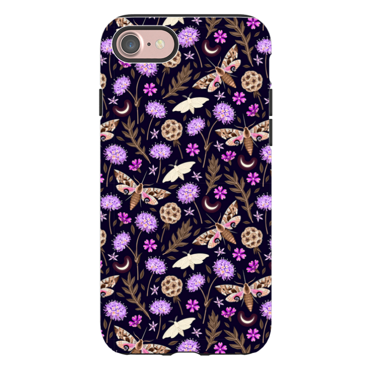 iPhone Tough Case featuring a dark floral pattern with moths, purple flowers, and crescent moons on a dual-layer shell.