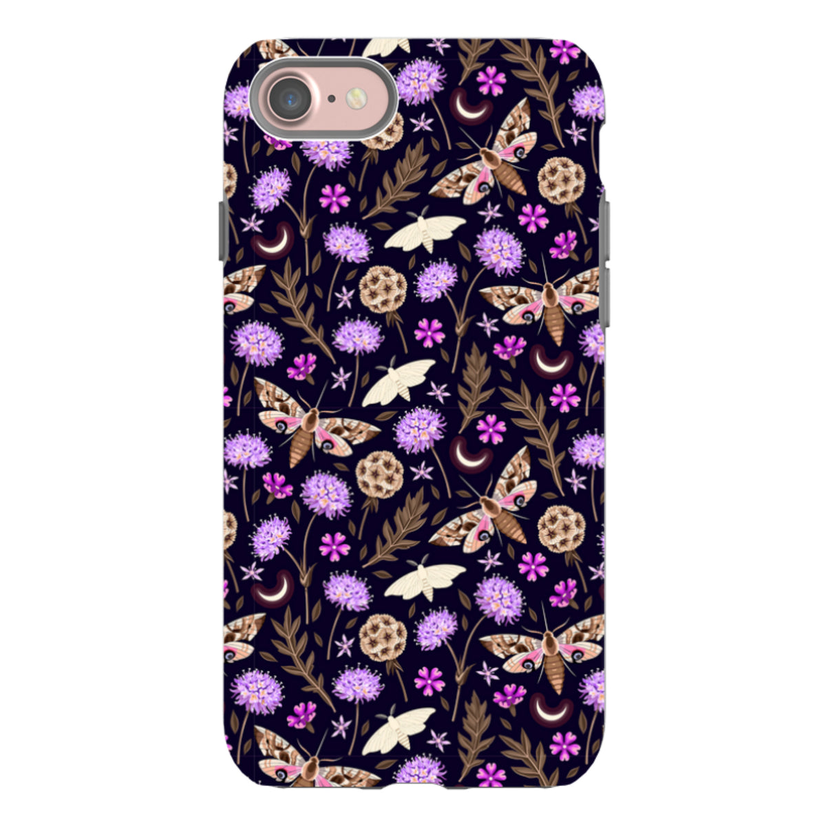 iPhone tough case featuring a dark floral pattern with moths, purple flowers, and crescent moons in a dual-layer design.