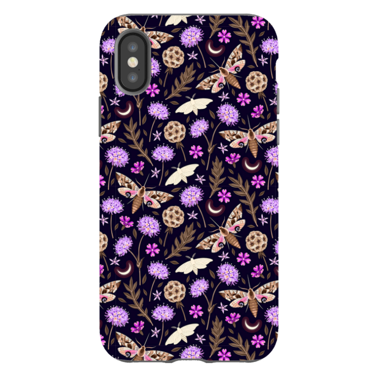 iPhone Tough Case featuring a dark floral pattern with moths, purple clover flowers, and crescent moons.