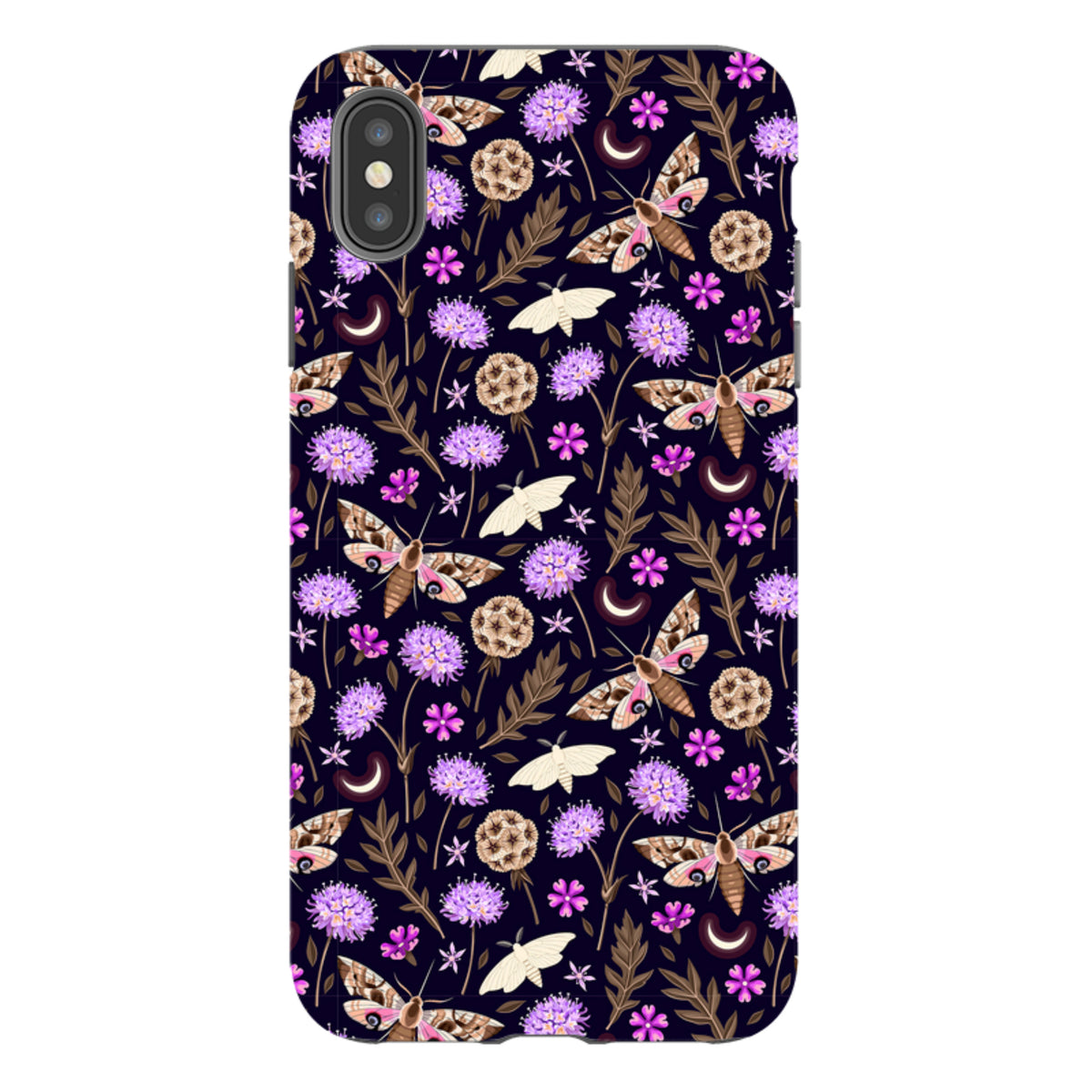 iPhone Tough Case featuring a dark floral pattern with moths, purple flowers, and crescent moons on a dual-layer shell.