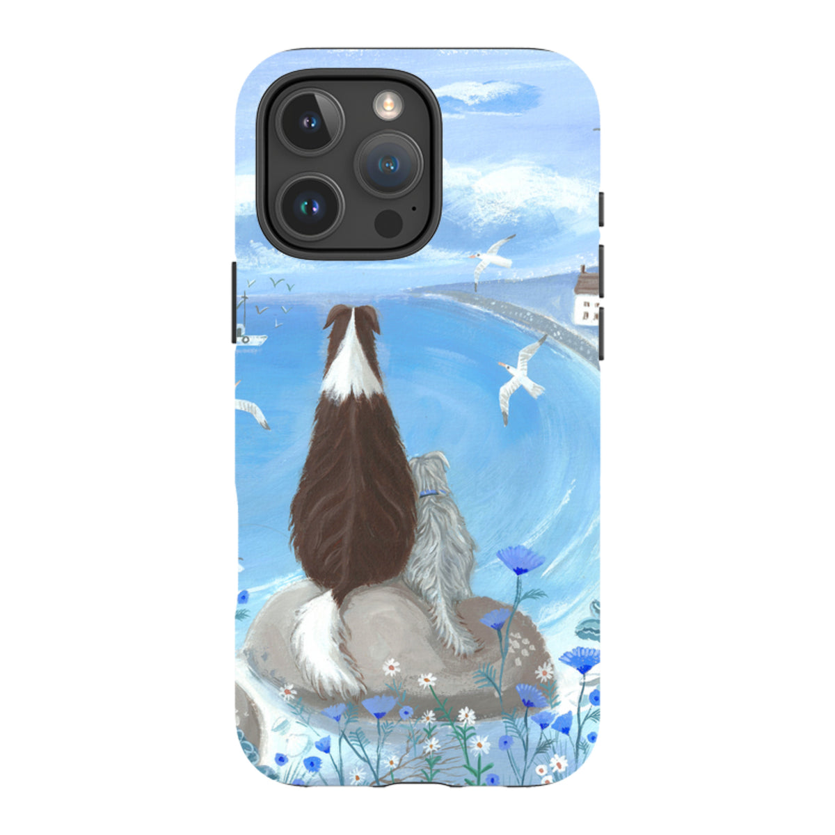 iPhone tough case featuring a dual-layer design with a beach dog painting of two dogs sitting on a rock by the sea.