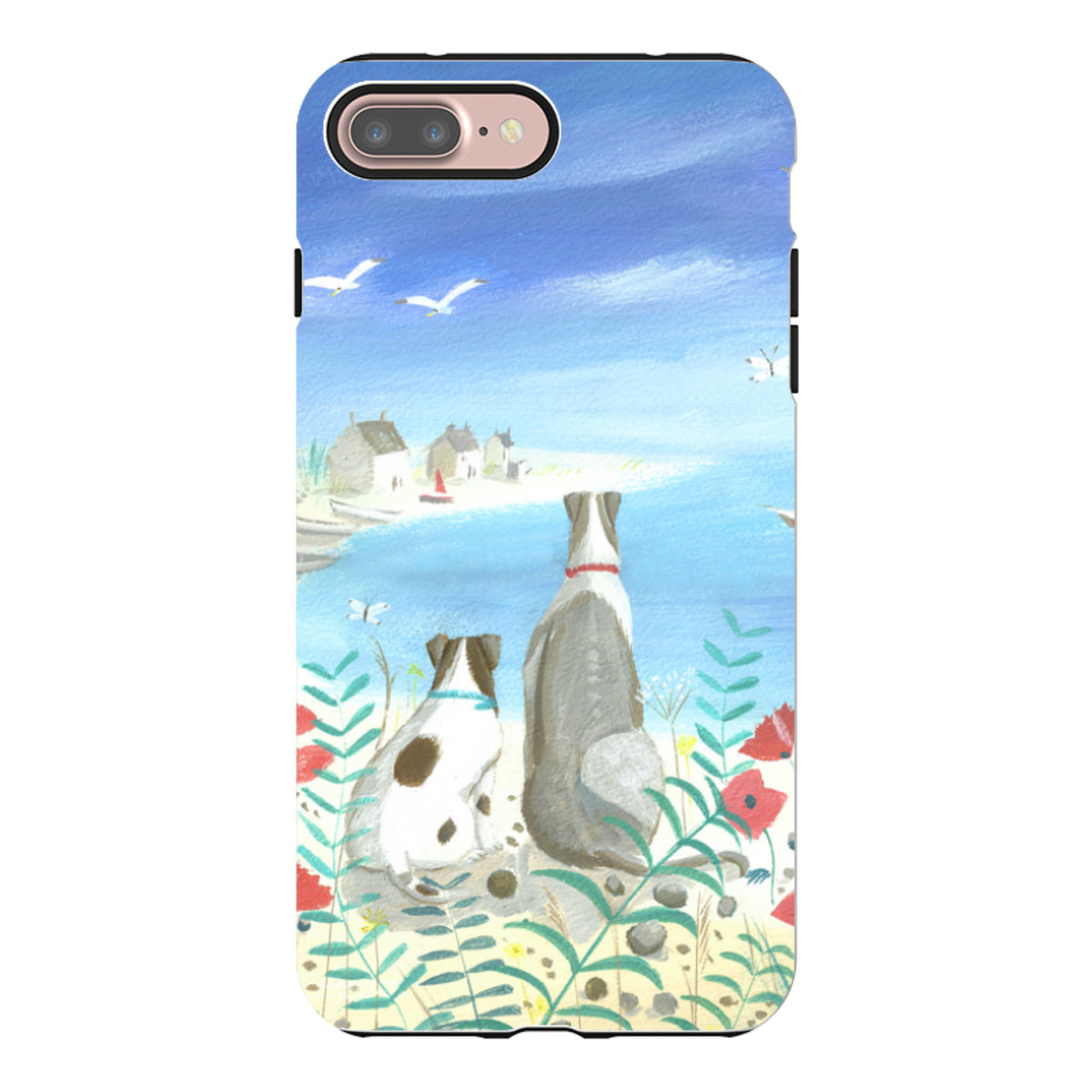 Dual-layer iPhone case featuring Mary Stubberfield's Beach Dogs art with two dogs overlooking a coastal seaside scene.