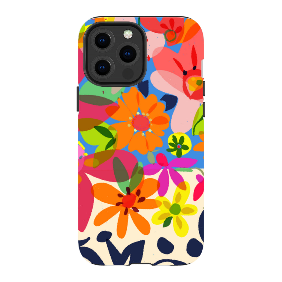 iPhone tough case featuring Sarah Campbell’s vibrant, multi-colored floral artwork on a durable dual-layer shell.