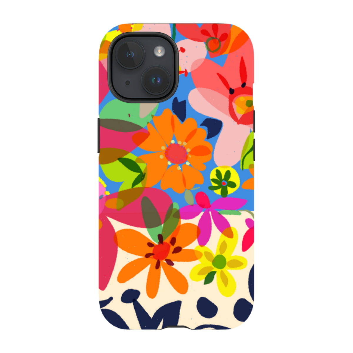 iPhone Tough Case featuring Sarah Campbell’s vibrant, multi-colored floral artwork on a durable dual-layer shell.