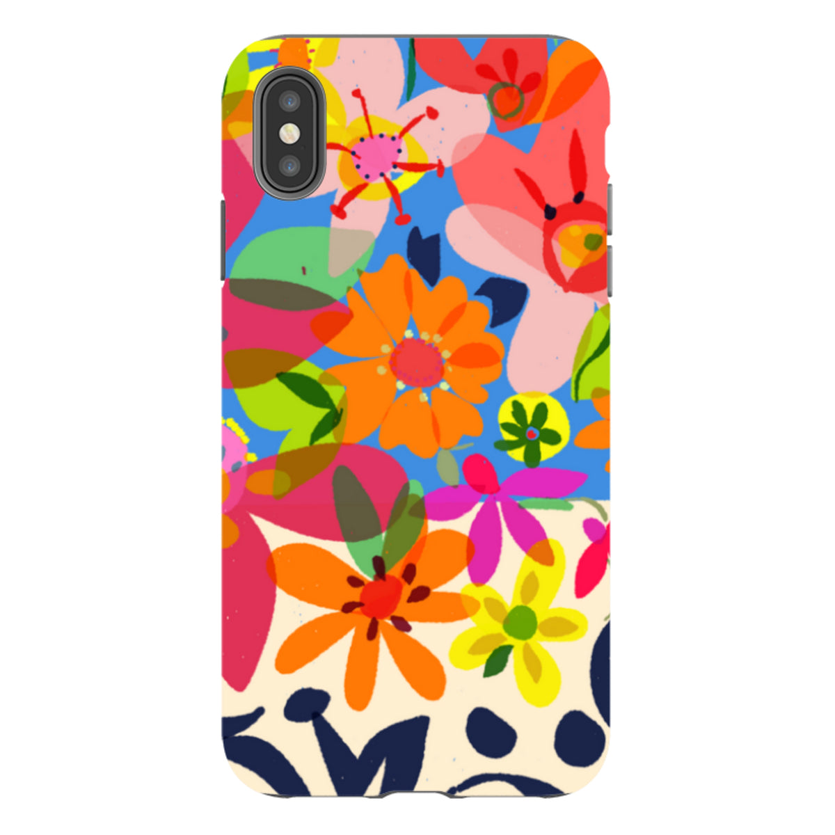 iPhone tough case with vibrant, colorful floral artwork by Sarah Campbell on a durable, dual-layer protective shell.