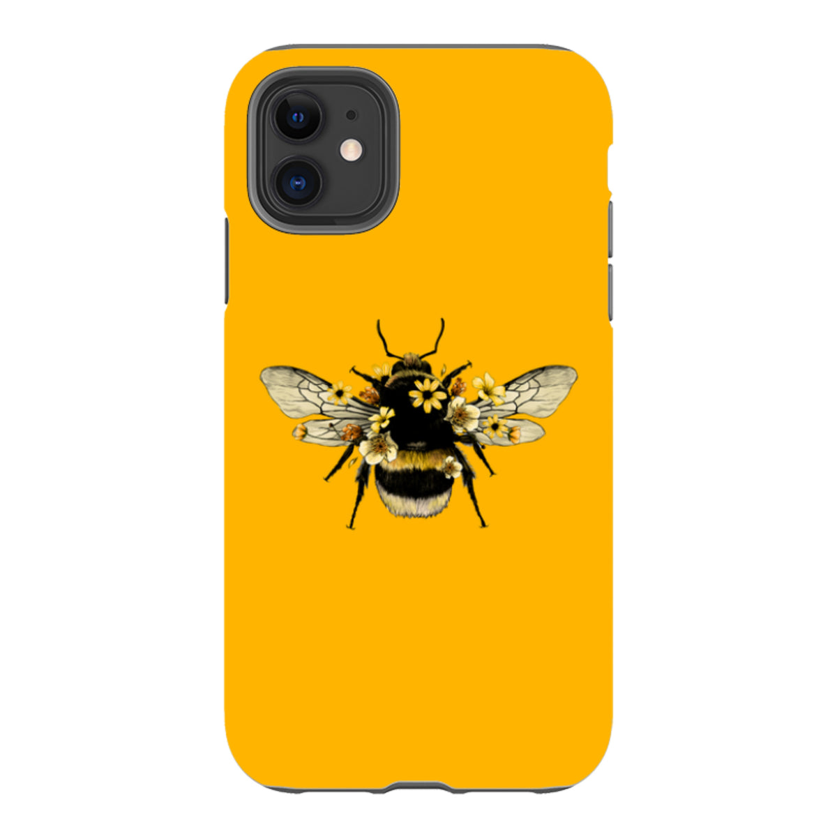 Yellow iPhone tough case featuring a detailed bumblebee illustration with small floral accents on a vibrant background.