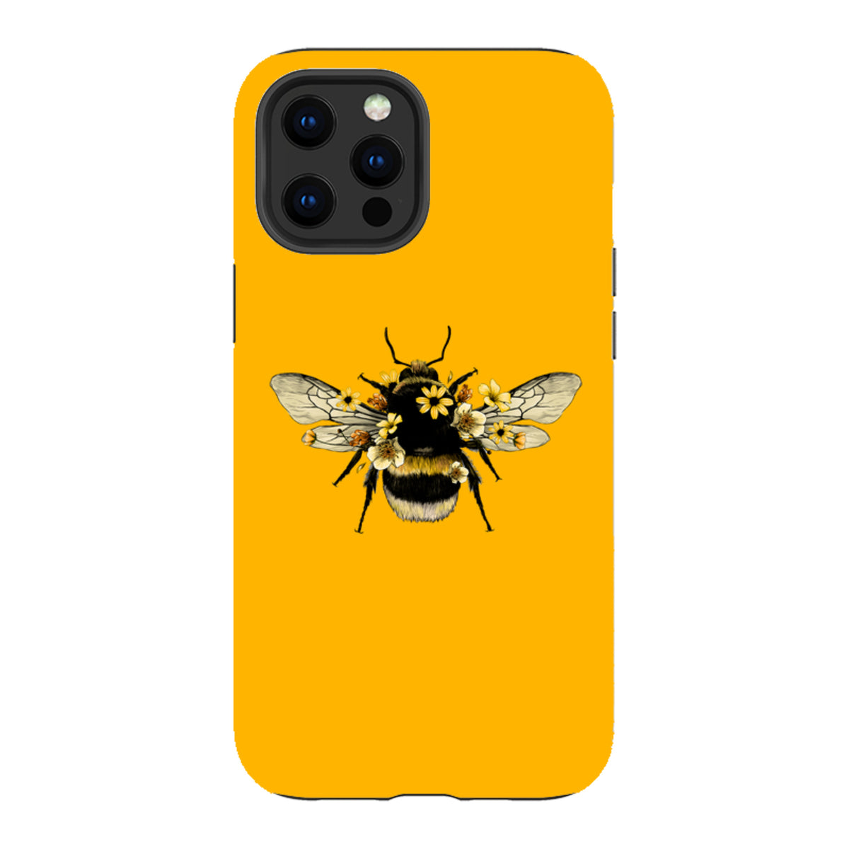 Yellow iPhone tough case featuring a detailed bee illustration adorned with small yellow flowers on a solid honey background.