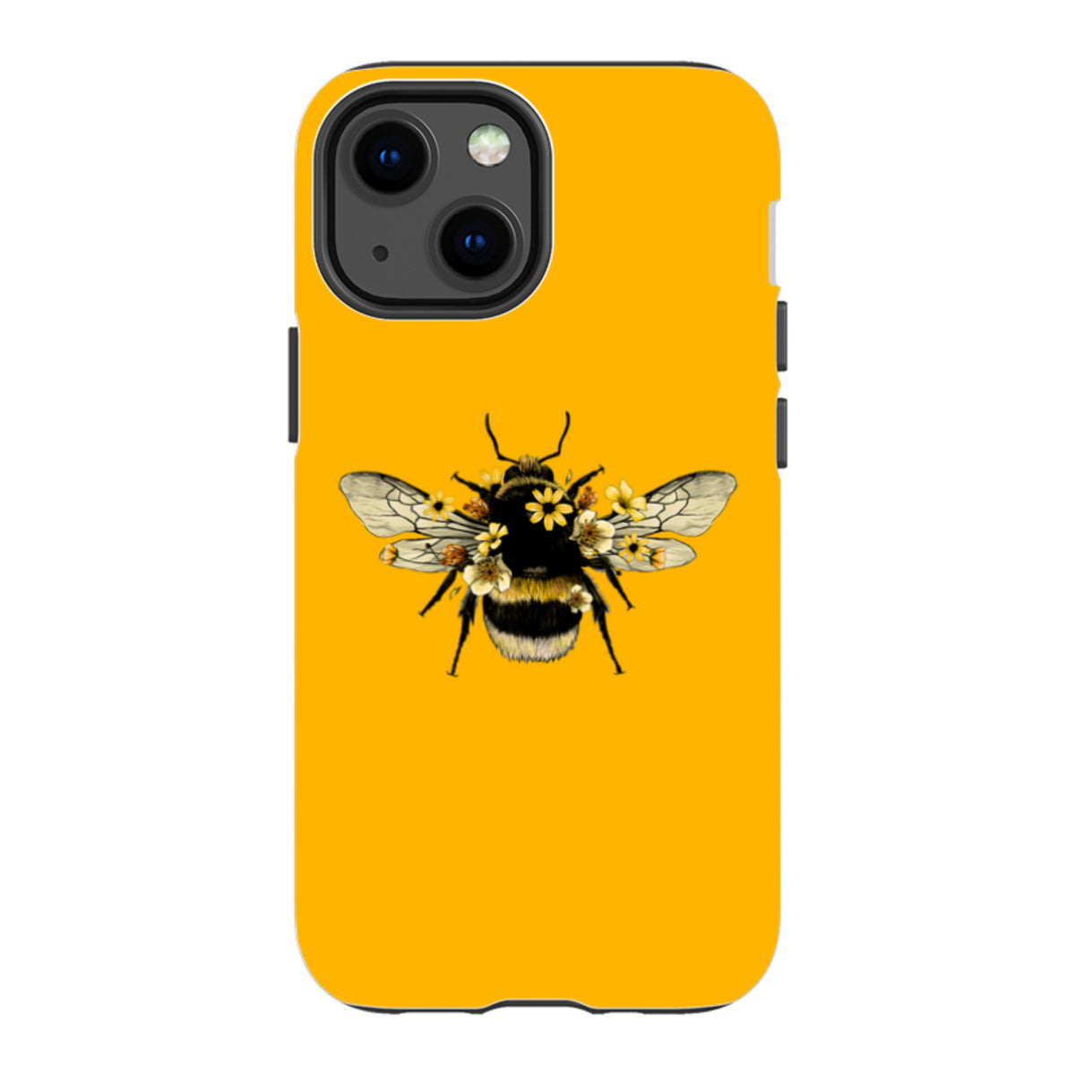 Yellow iPhone tough case featuring a detailed bumblebee illustration with small floral accents on a vibrant background.