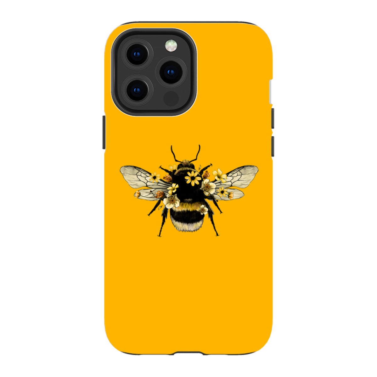 Yellow iPhone tough case featuring a detailed bumblebee illustration with small floral accents and a dual-layer design.