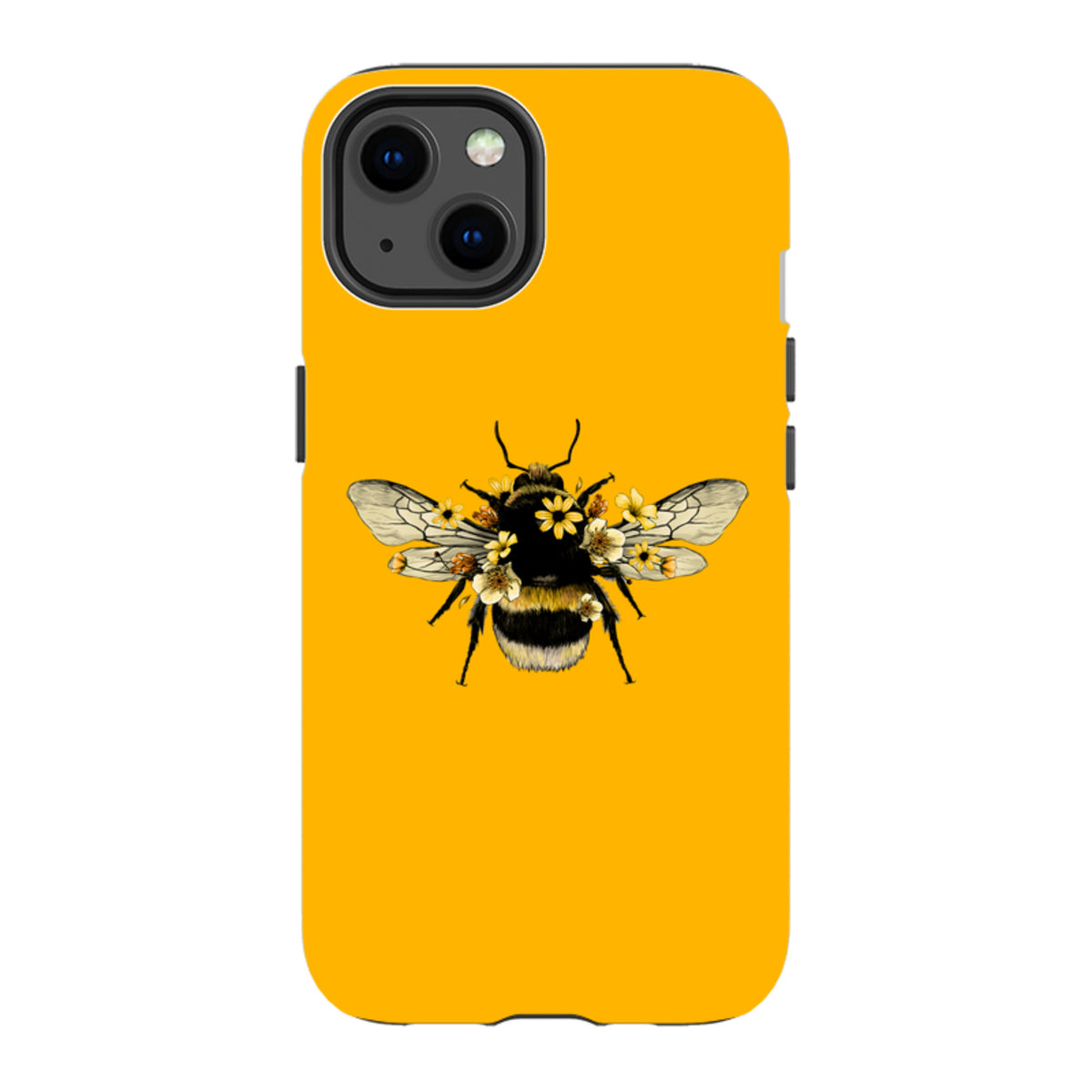 Yellow iPhone tough case featuring a detailed bumblebee illustration with small floral accents on a dual-layer shell.