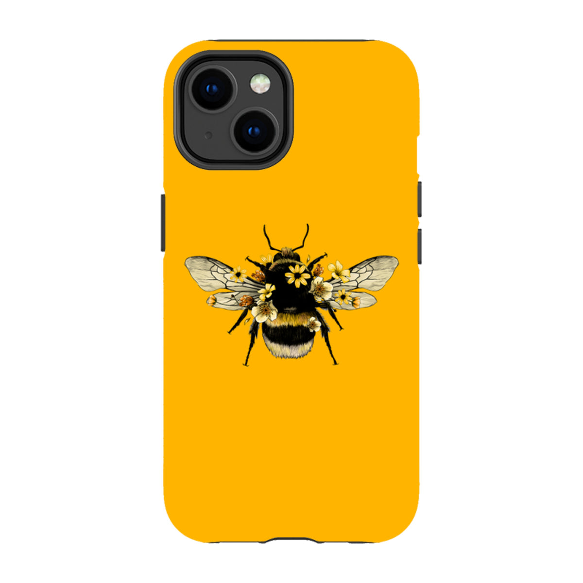 Yellow iPhone tough case featuring a detailed bumblebee illustration adorned with small white and yellow flowers.