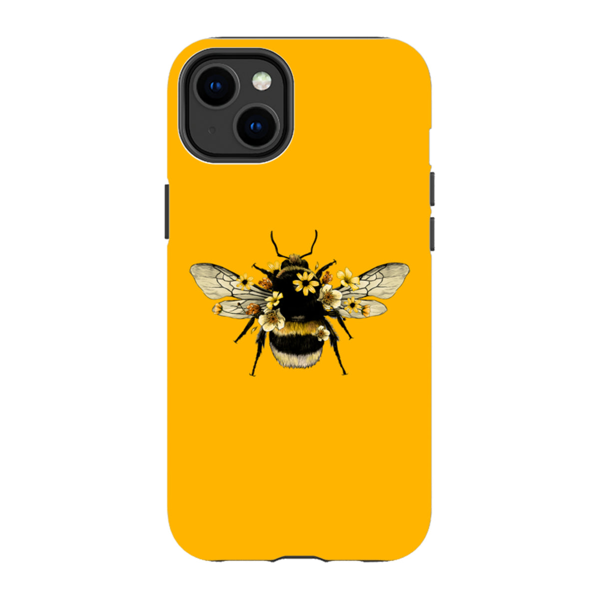 Yellow iPhone tough case featuring a detailed bee illustration adorned with small white and yellow flowers.