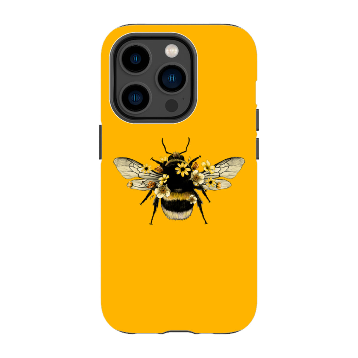 Yellow iPhone tough case featuring a detailed bumblebee illustration adorned with small yellow flowers.
