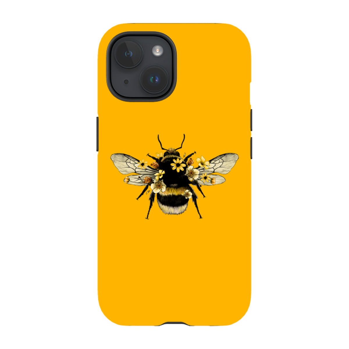 Yellow iPhone tough case featuring a detailed bumblebee illustration adorned with small yellow flowers.