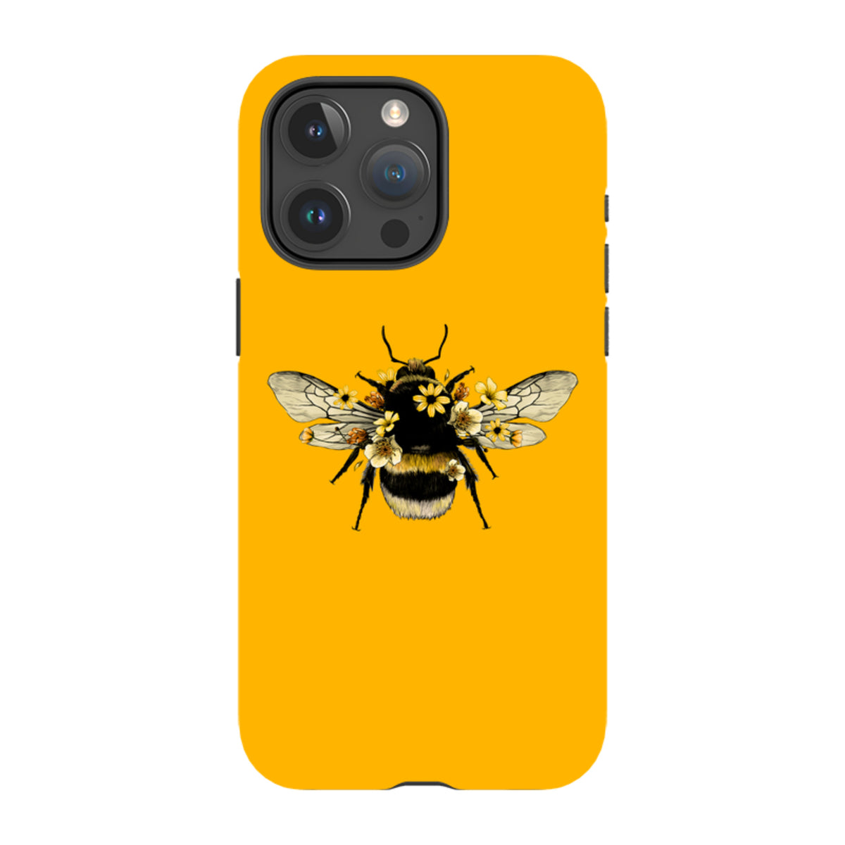 Bright yellow iPhone tough case featuring a detailed bumblebee illustration adorned with small yellow flowers.