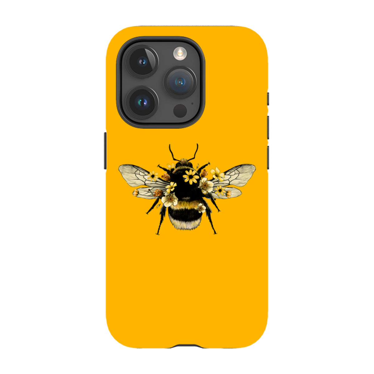 Yellow iPhone tough case featuring a detailed bumblebee illustration adorned with small yellow flowers.