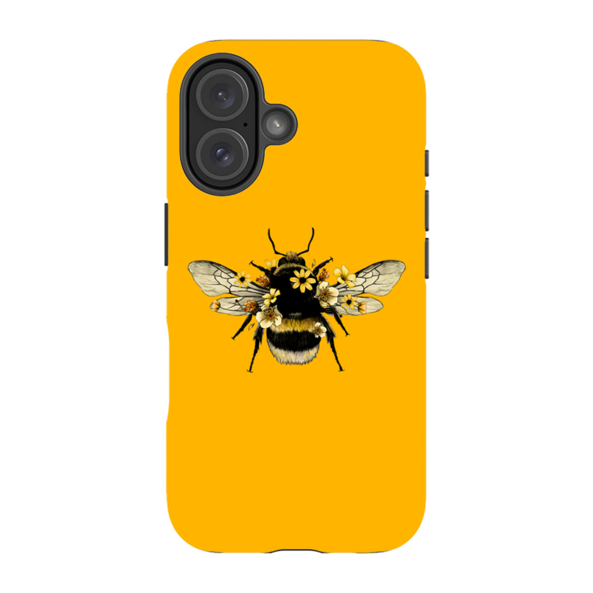 Yellow iPhone tough case featuring a detailed bumblebee illustration adorned with small white and yellow flowers.