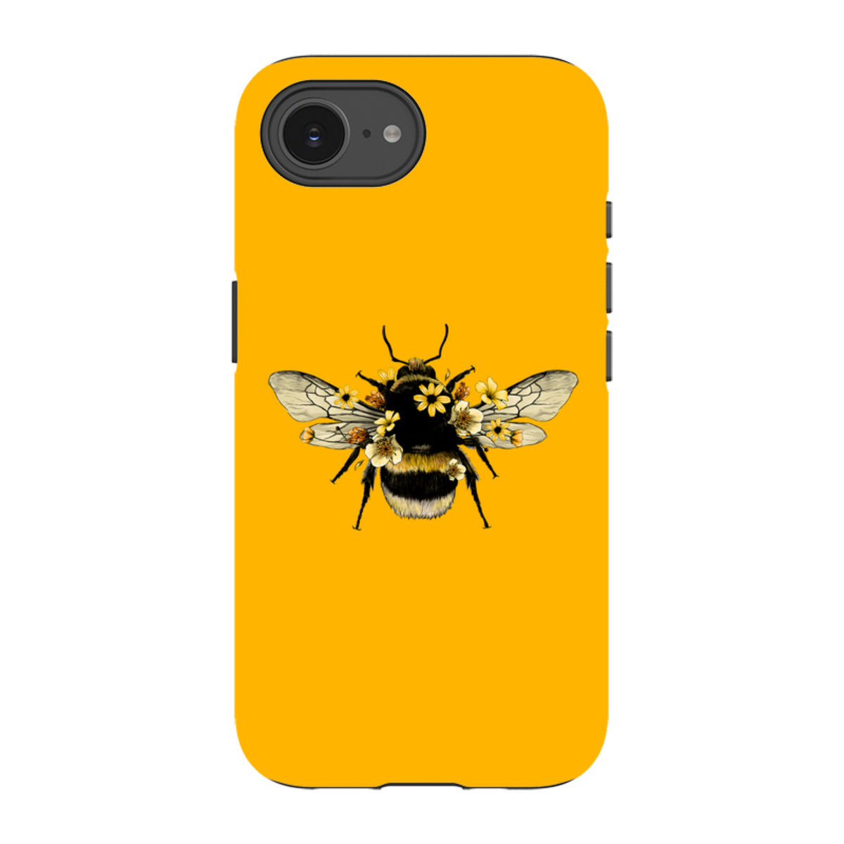 Yellow iPhone tough case featuring a detailed bumblebee illustration adorned with small white and yellow flowers.