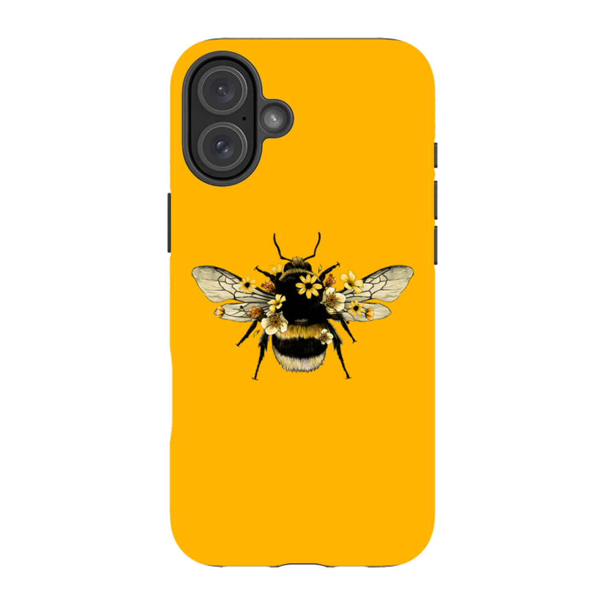 Yellow iPhone tough case featuring a detailed bumblebee illustration with delicate floral accents on the back.