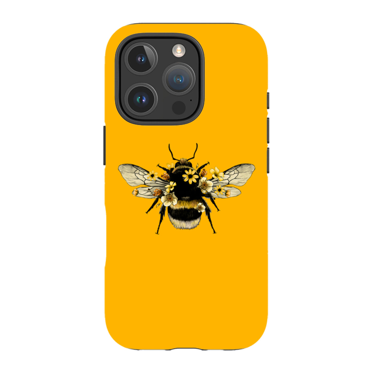 Yellow iPhone tough case featuring a detailed bumblebee illustration with small floral accents and a durable dual-layer design.