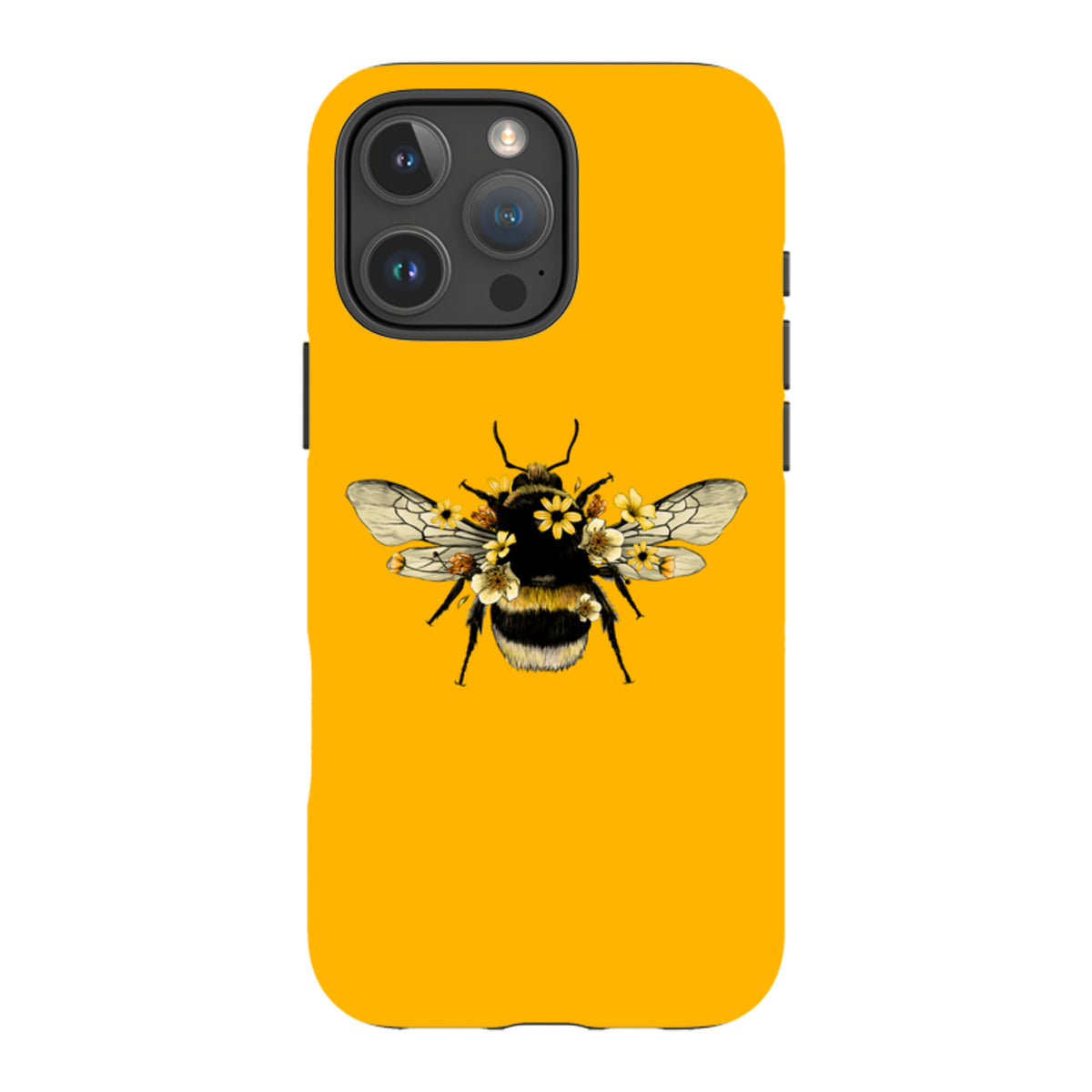 Yellow iPhone tough case featuring a detailed bumblebee illustration adorned with small white and yellow flowers.