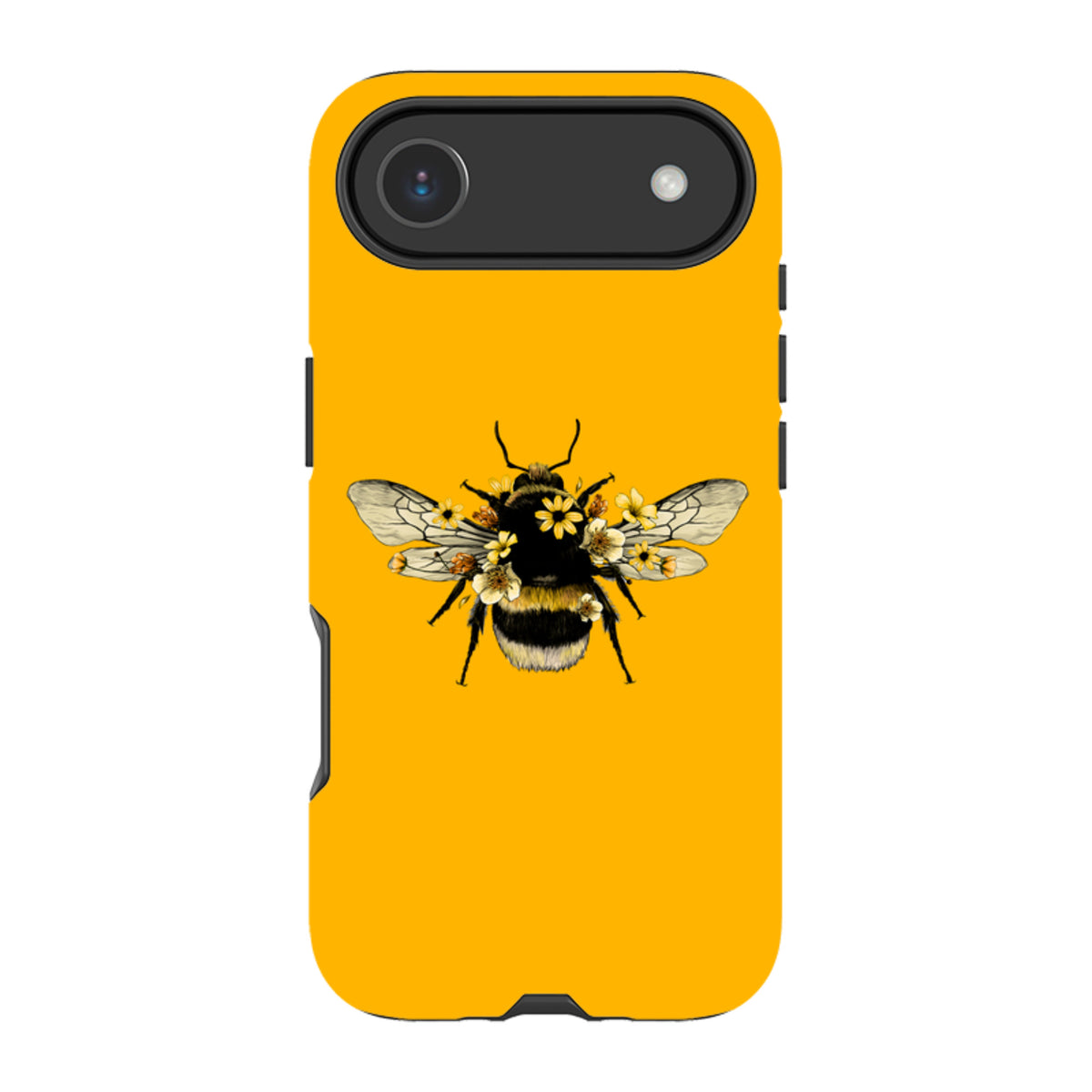 Yellow iPhone tough case featuring a detailed bumblebee illustration adorned with small white and yellow flowers.