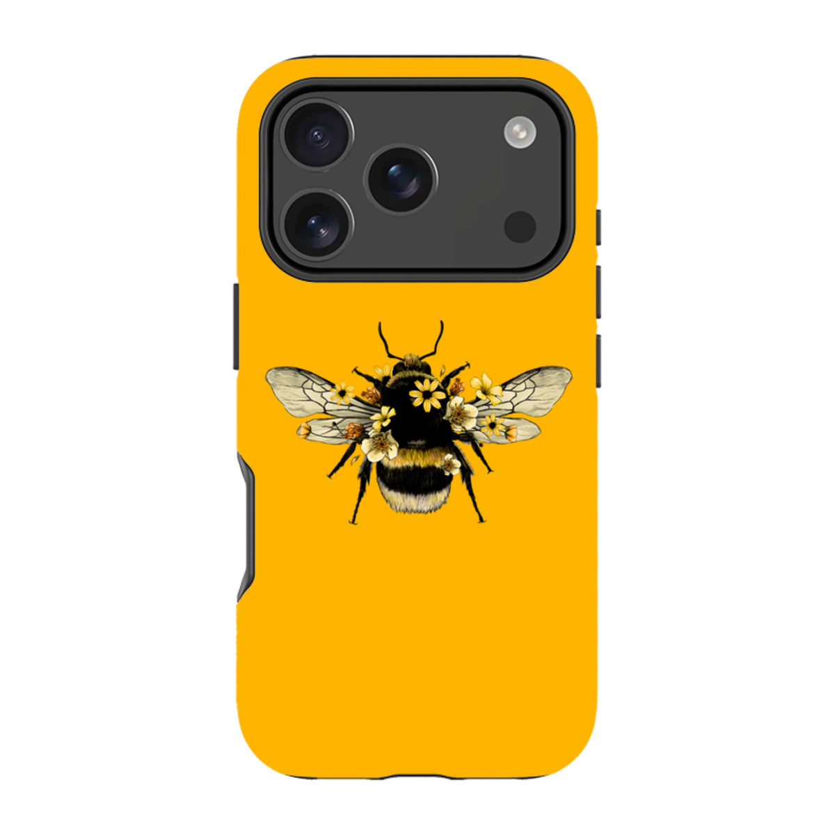 Yellow iPhone tough case featuring a detailed bumblebee illustration adorned with small yellow flowers.