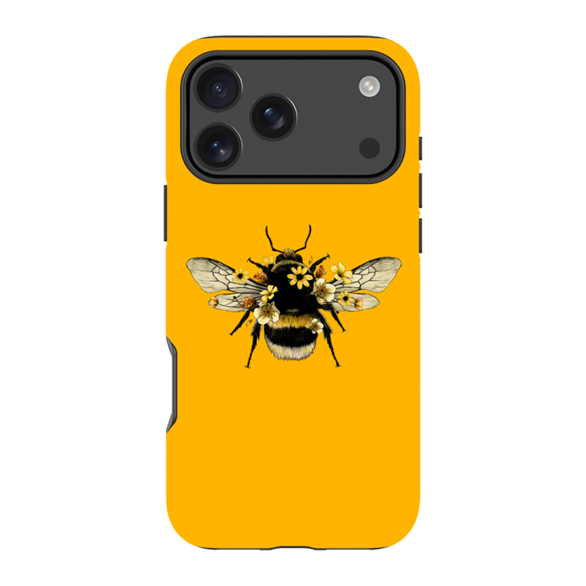 Yellow iPhone tough case featuring a detailed bumblebee illustration adorned with small flowers and a dual-layer design.
