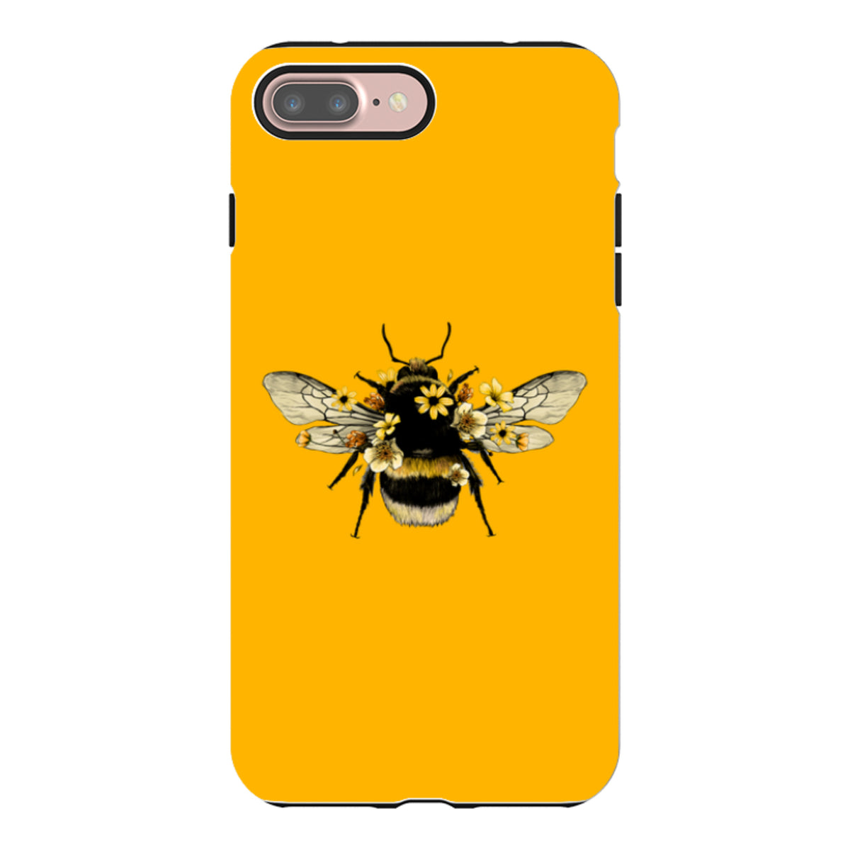 Yellow dual-layer iPhone tough case featuring a detailed bumblebee illustration adorned with small yellow flowers.