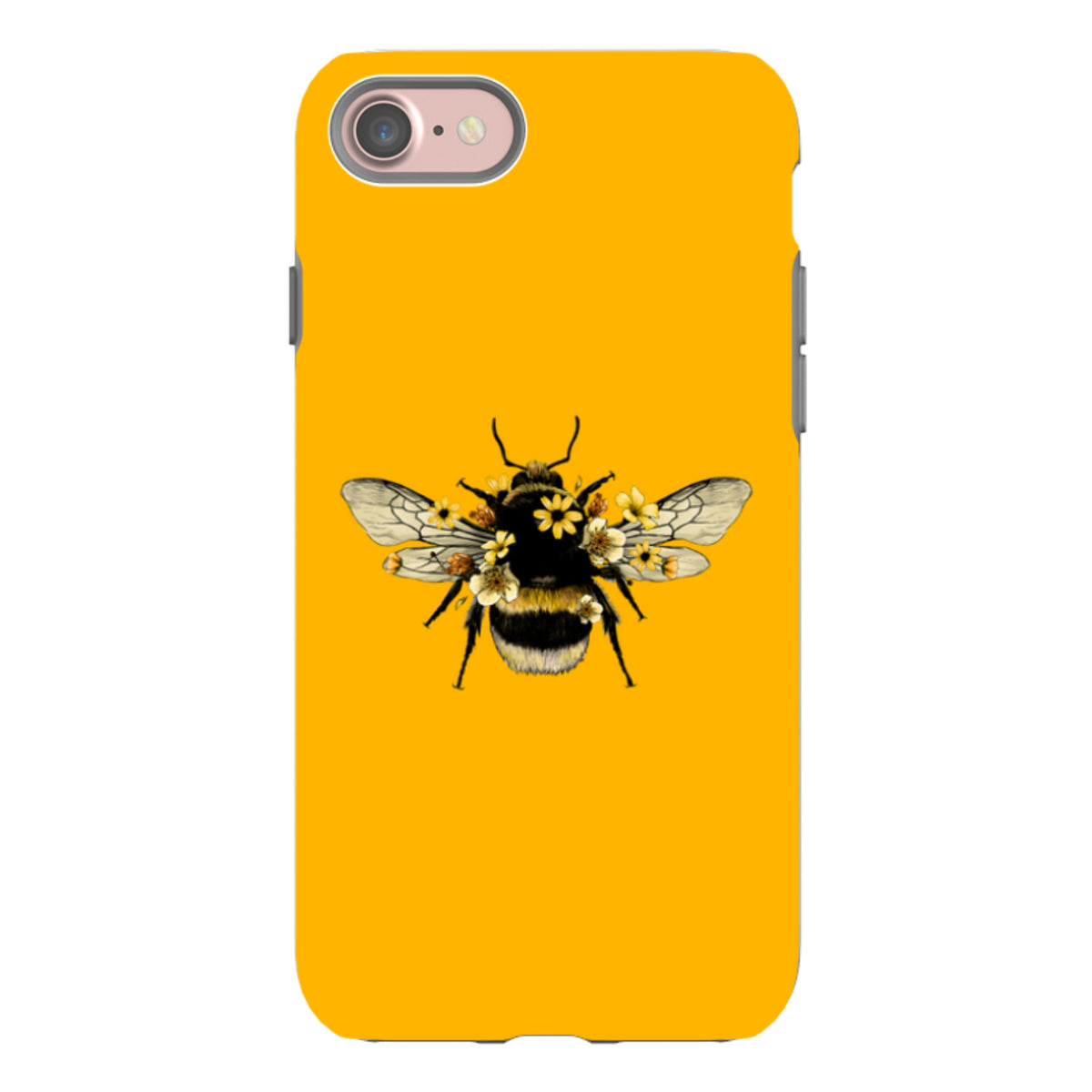 Yellow iPhone tough case featuring a detailed bumblebee illustration adorned with small yellow flowers.
