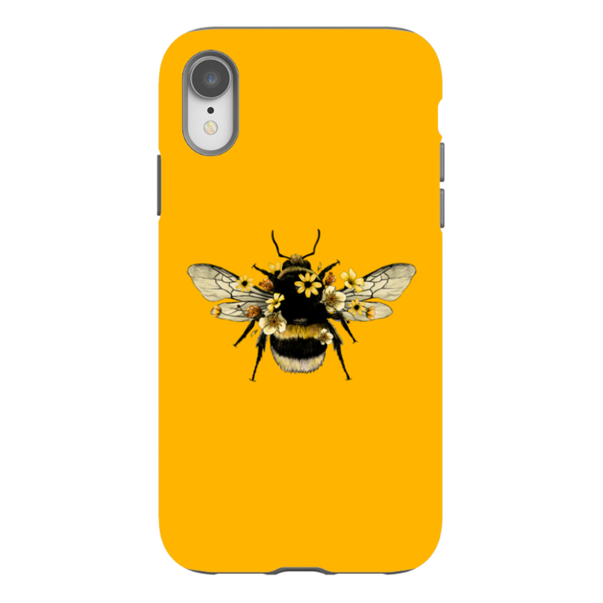 Yellow iPhone tough case featuring a detailed bumblebee illustration adorned with small yellow flowers.