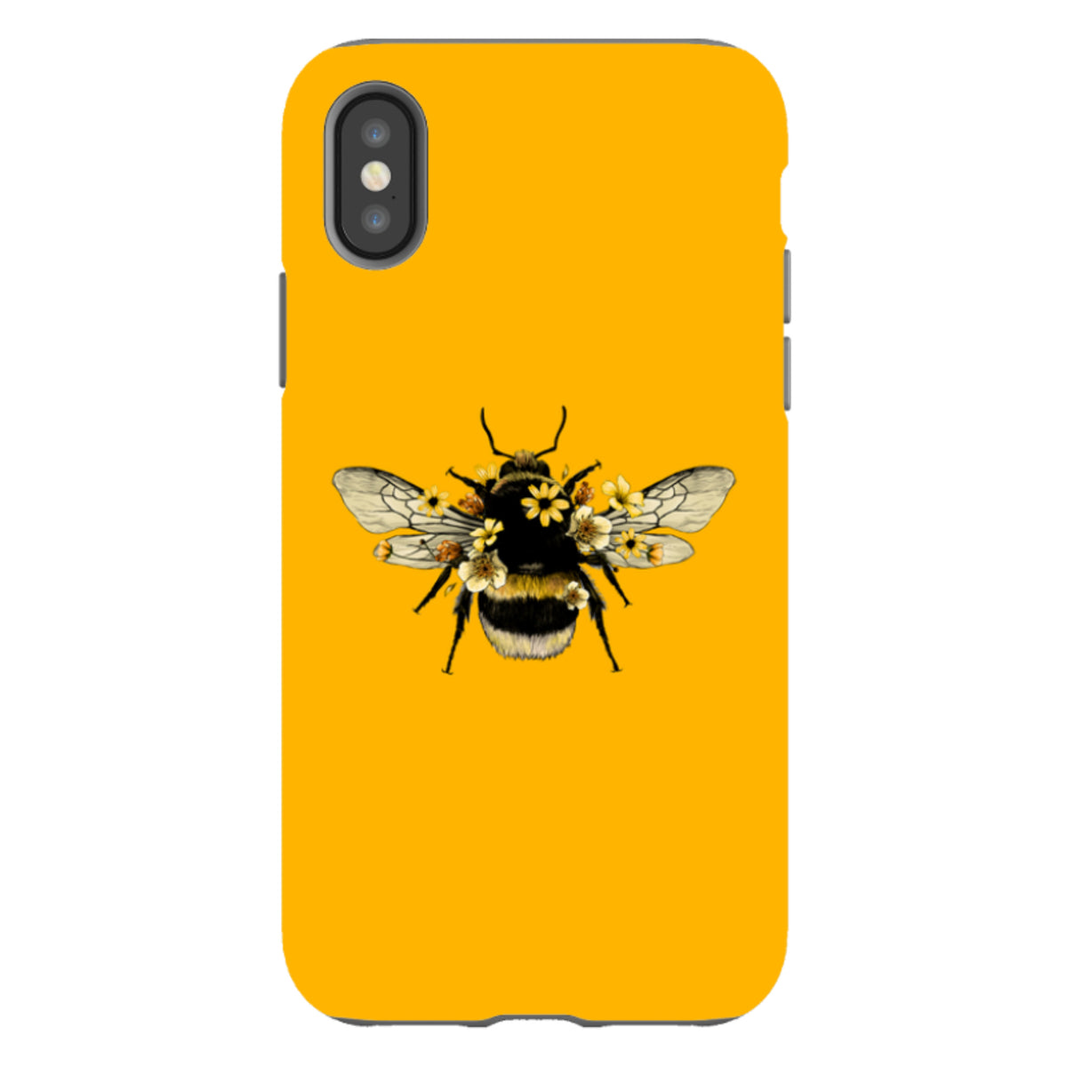 Yellow iPhone tough case featuring a detailed bumblebee illustration adorned with small yellow flowers.