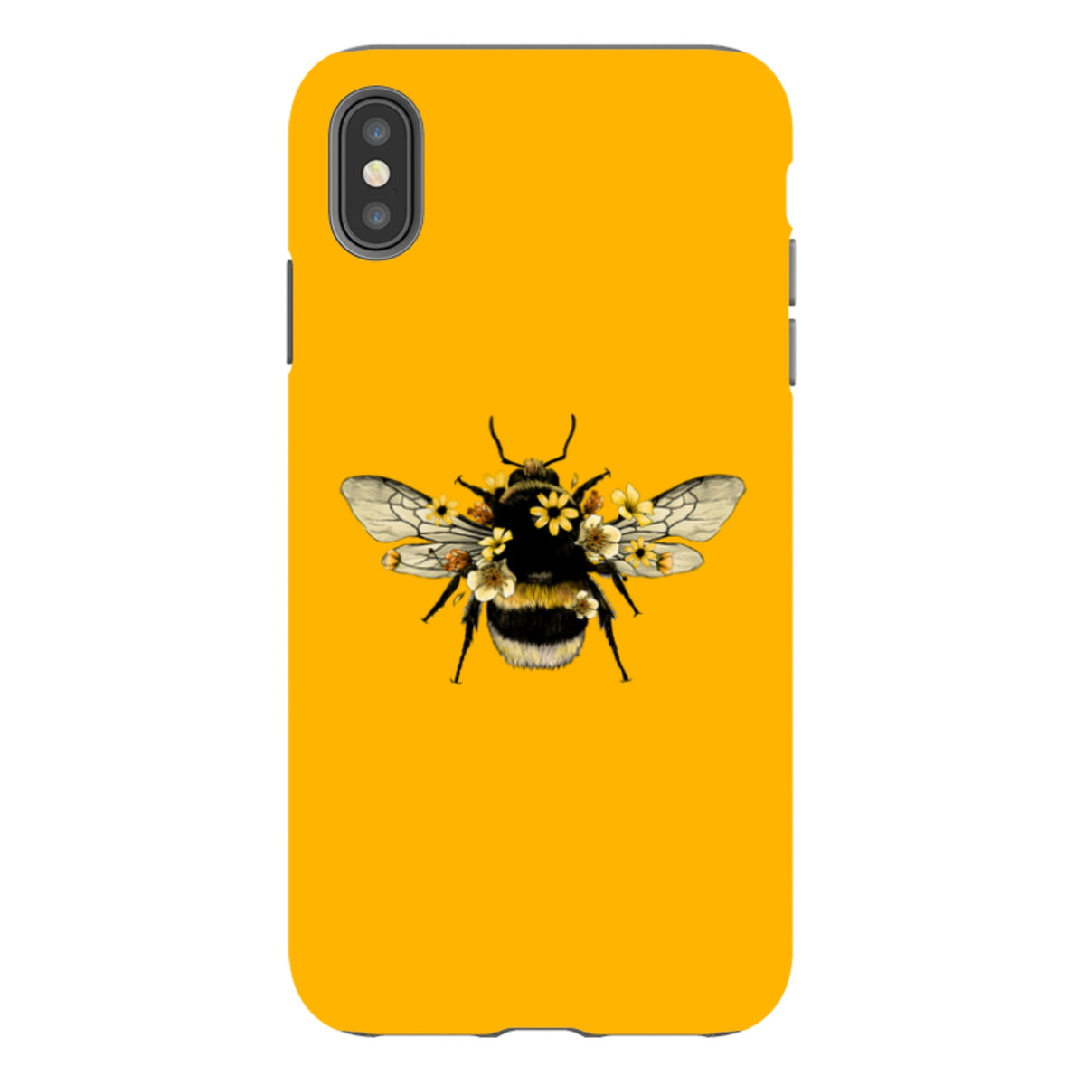Yellow iPhone tough case featuring a detailed bumblebee illustration with small floral accents on its back.