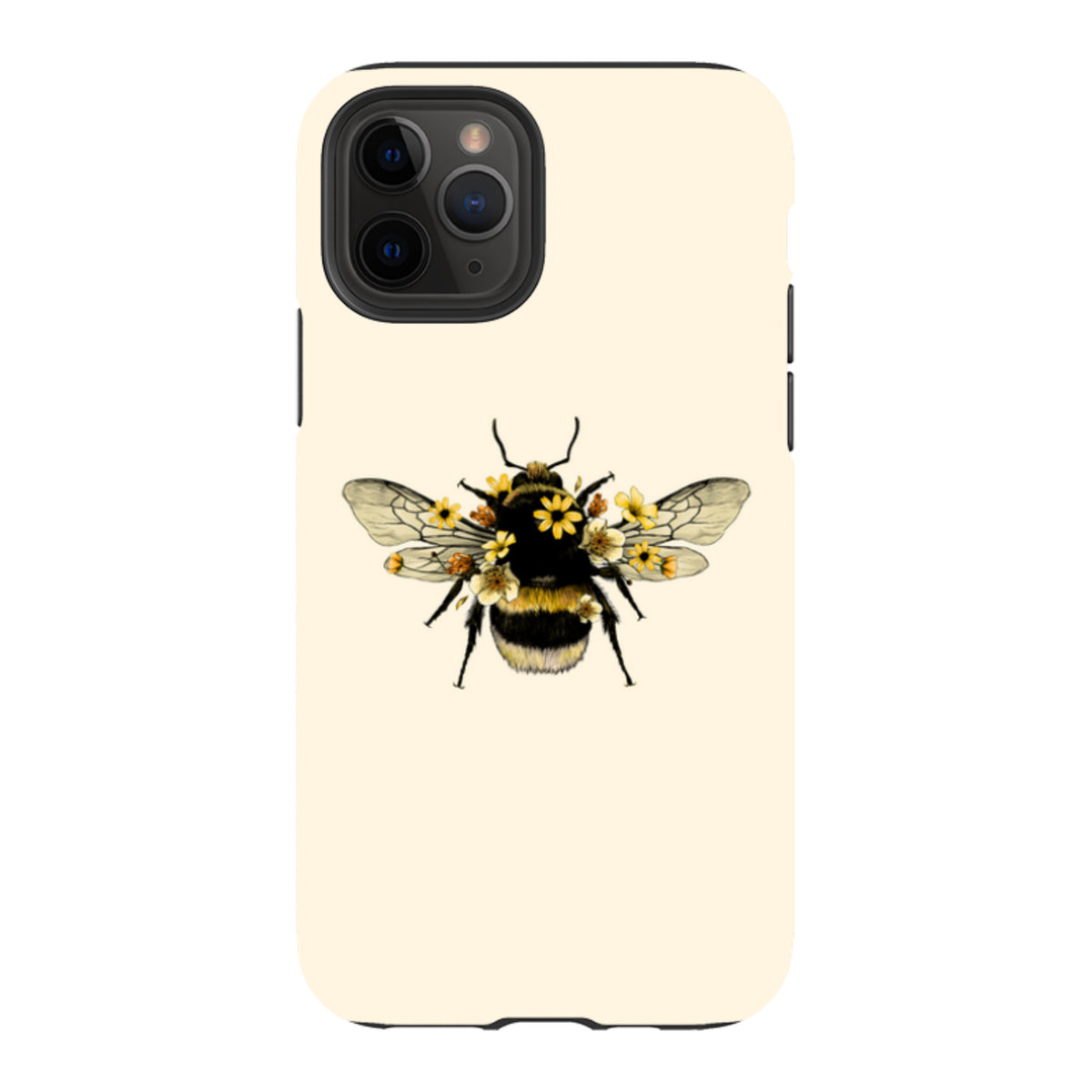 iPhone tough case with a cream background featuring a detailed bumblebee illustration adorned with small yellow flowers.
